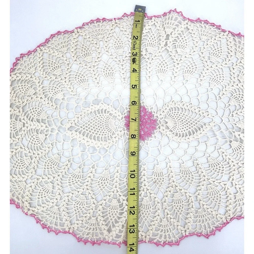 Vintage Handmade Crochet Doily 19x14 Oval Ivory Pink Floral Lace
